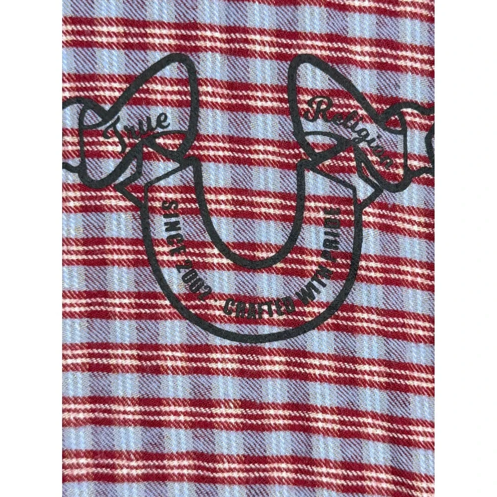 True Religion Mens 2XL Plaid Short Sleeve Button Down World Tour Graphic Shirt